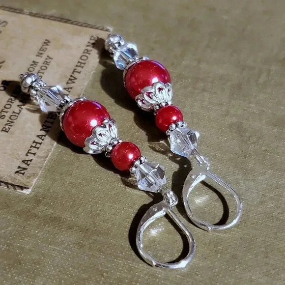 Red Glass Pearl Sterling Silver Plated Handcrafted Dangle Earrings - Picture 7 of 11